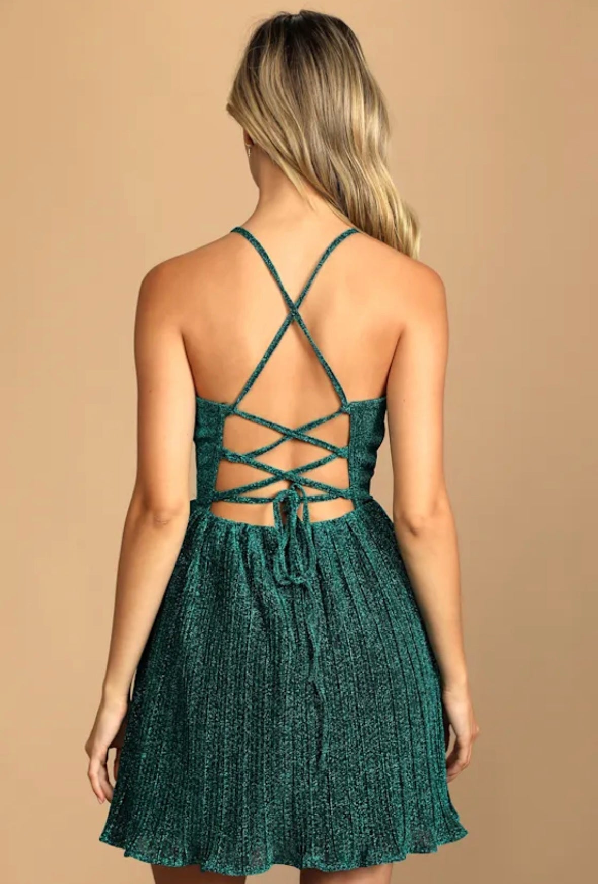 #132 - REDUCED - Lulus: Women's Teal Sparkly Lace-Up Pleated Skater Dress, Size S - NWT