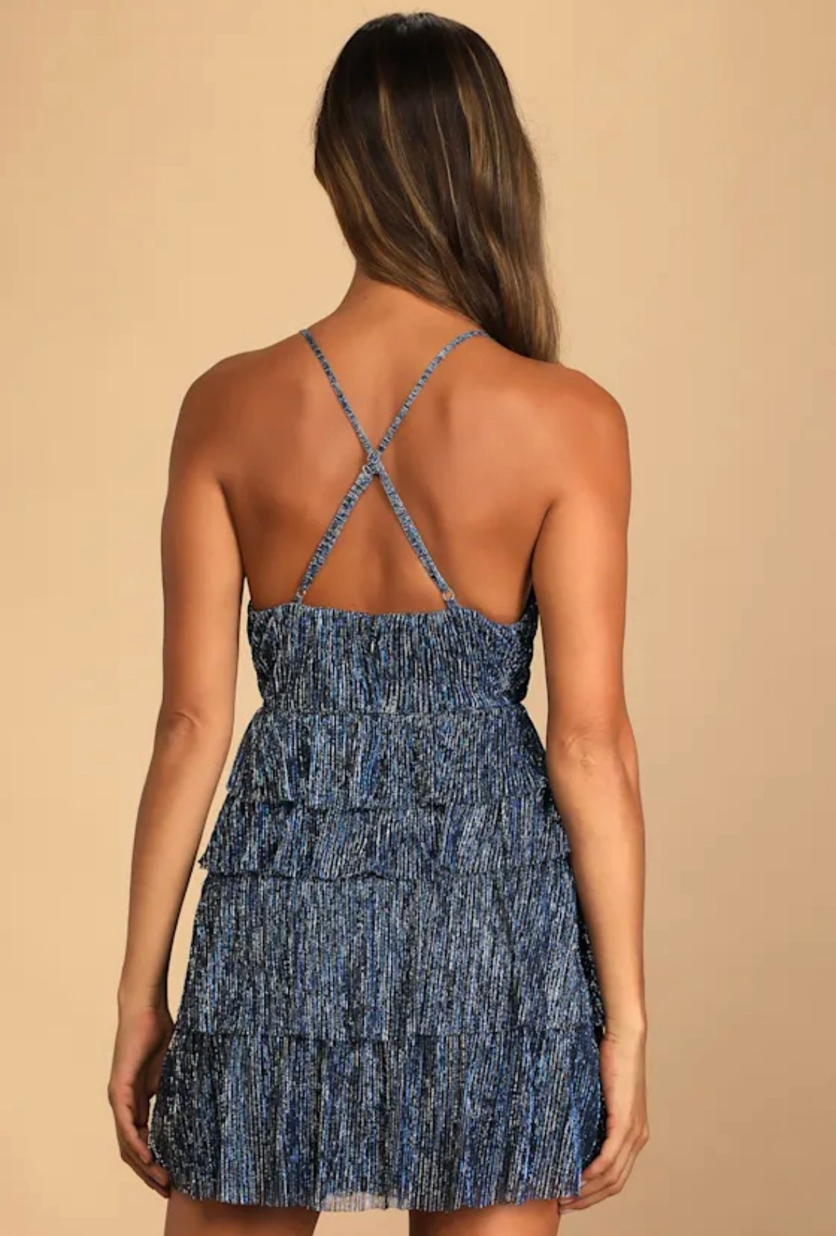#132 - REDUCED - Lulus: Women's Blue Multi Metallic Tiered Mini Dress, Size S - NWT