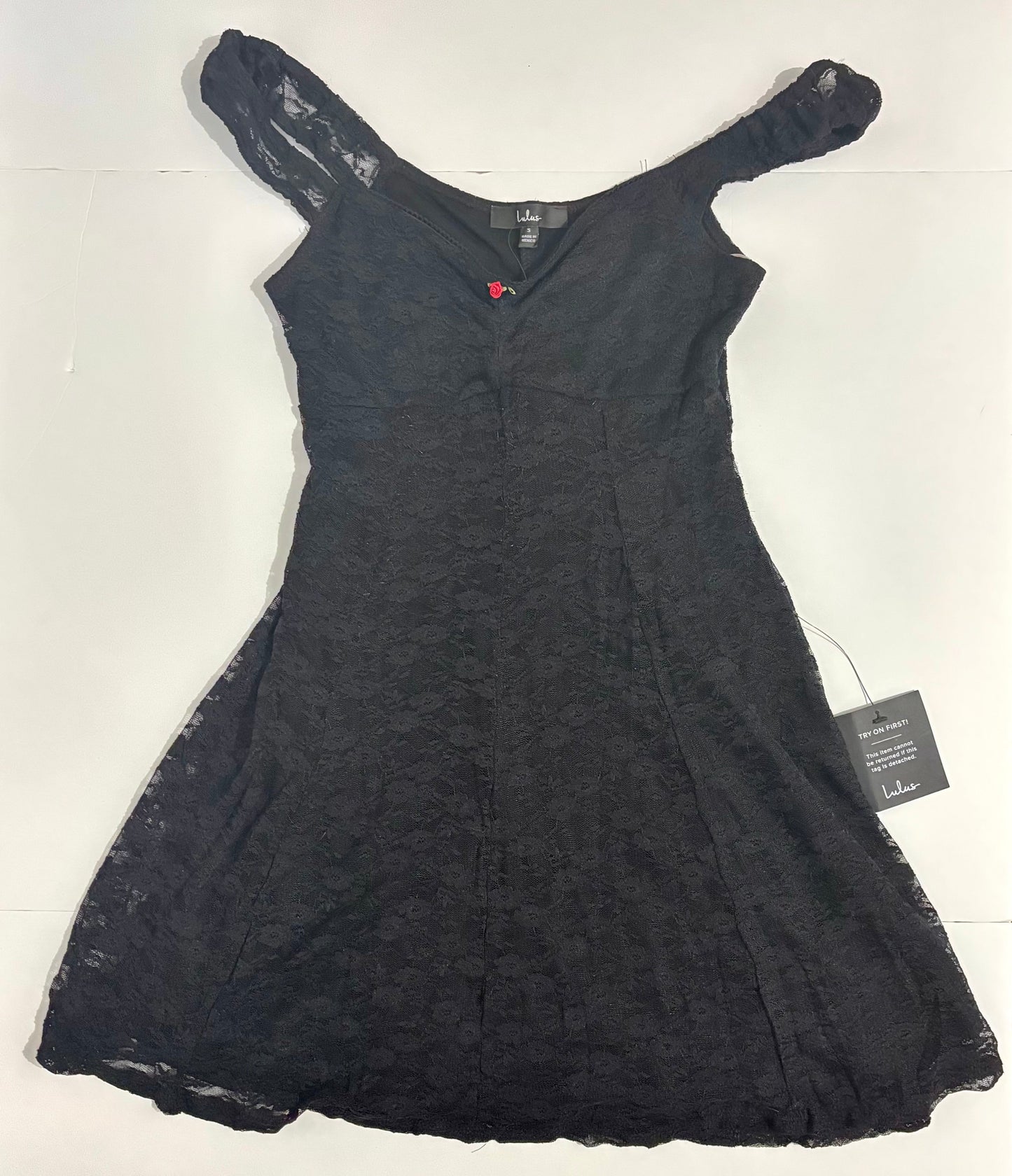 #132 - REDUCED - Lulus: Women's Black Floral Lace Rosette Cap Sleeve Mini Dress, Size S - NWT