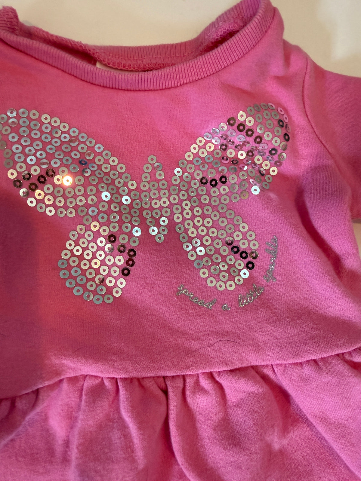 #170 Carters pink sweatshirt dress with sequin butterfly and “spread a little sparkle” girls 3 months