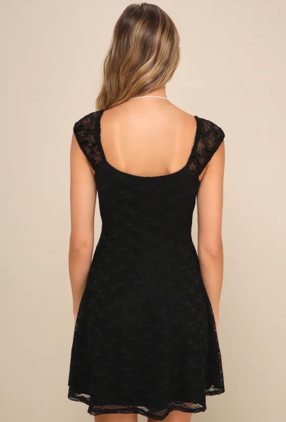 #132 - REDUCED - Lulus: Women's Black Floral Lace Rosette Cap Sleeve Mini Dress, Size S - NWT