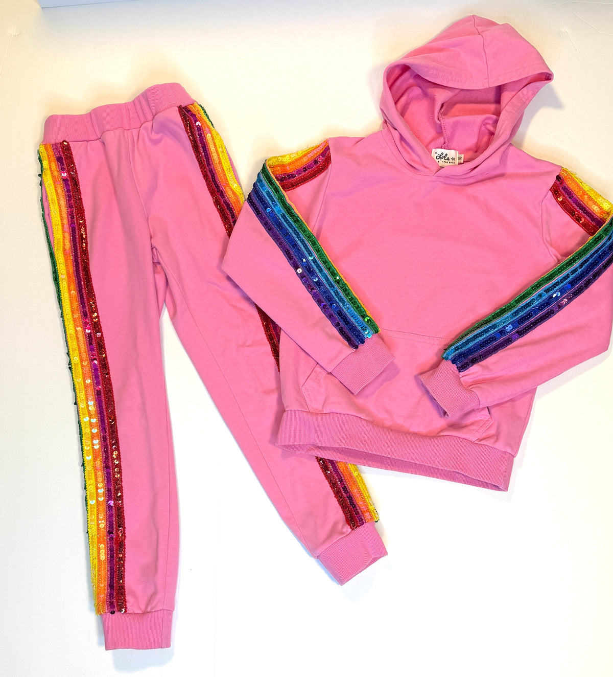 155 Girls Size 10 Lola and the Boys Pink Rainbow Sequin Track Suit EUC