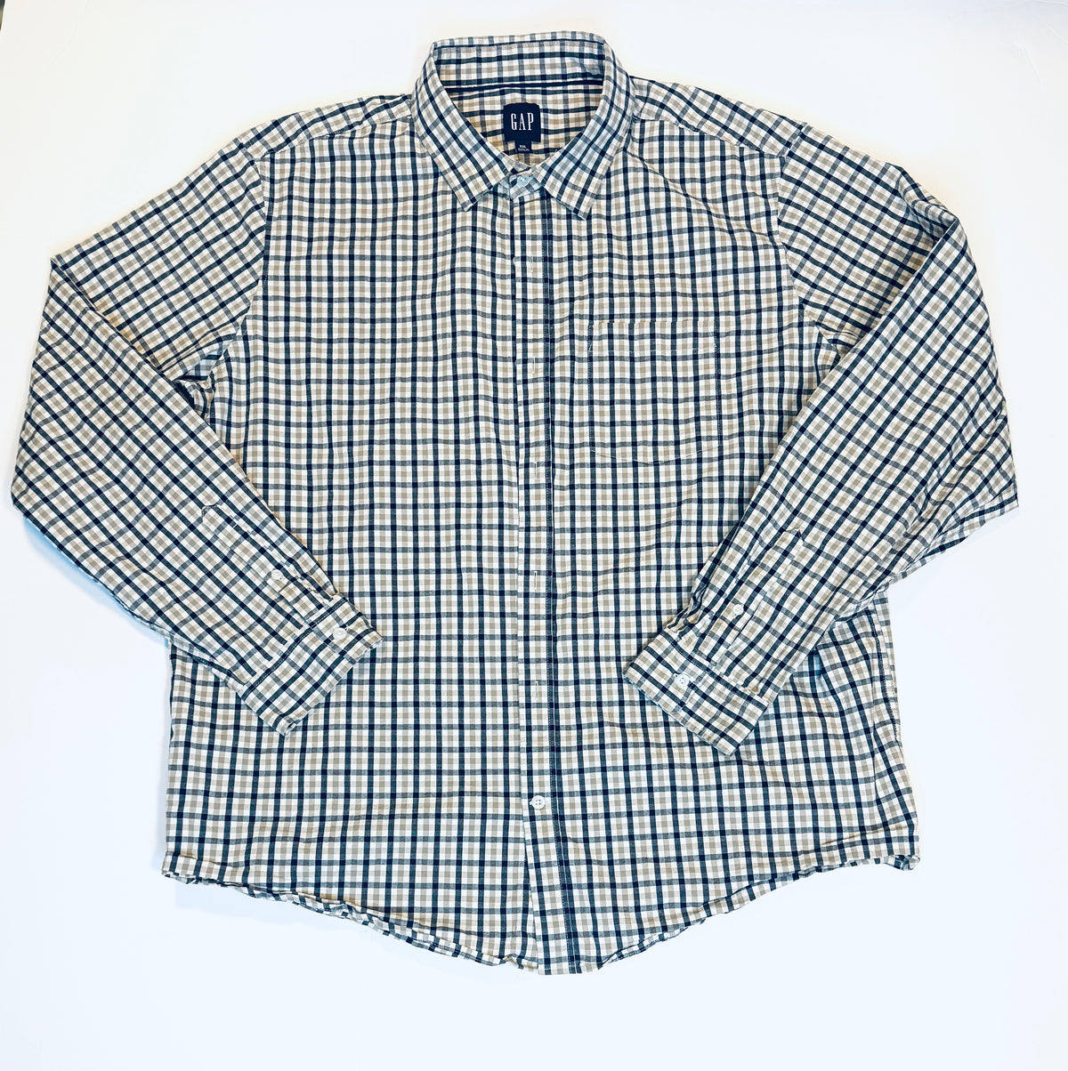 155 Men's GAP XXL Tan and Navy Check Button Up EUC