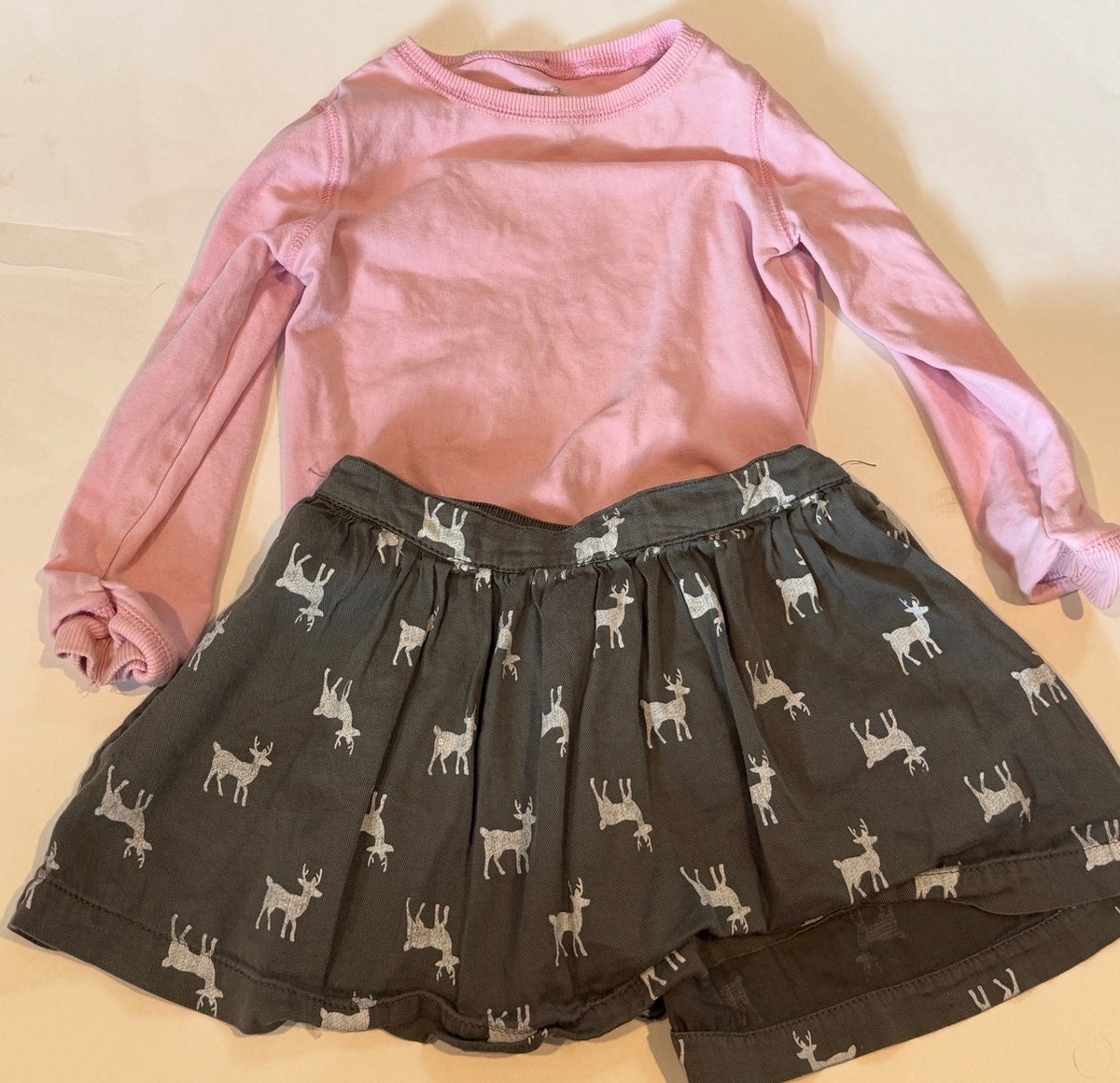 #170 carters grey deer skirt with Cherokee pink long sleeve body suit girls 24 months