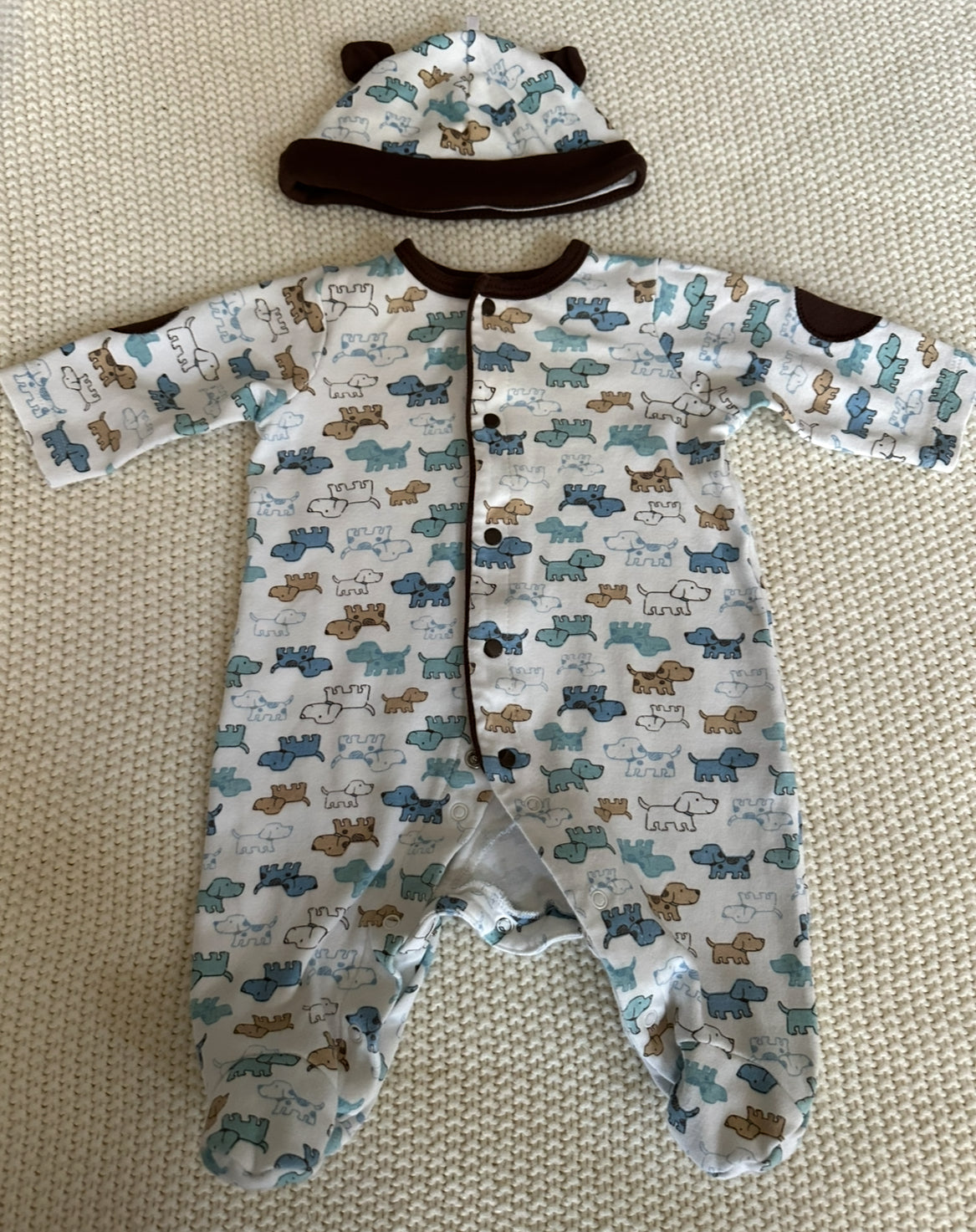 #93 Little Me Puppy Print Footie and Hat Boys 3M
