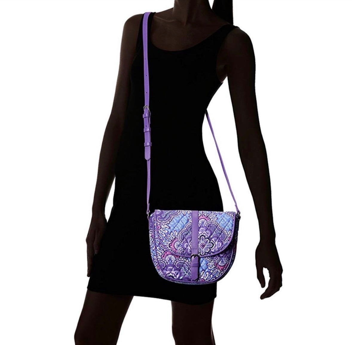#132 - REDUCED - Vera Bradley: Women’s Slim Saddle Crossbody Bag in "Lilac Tapestry" Pattern - EUC