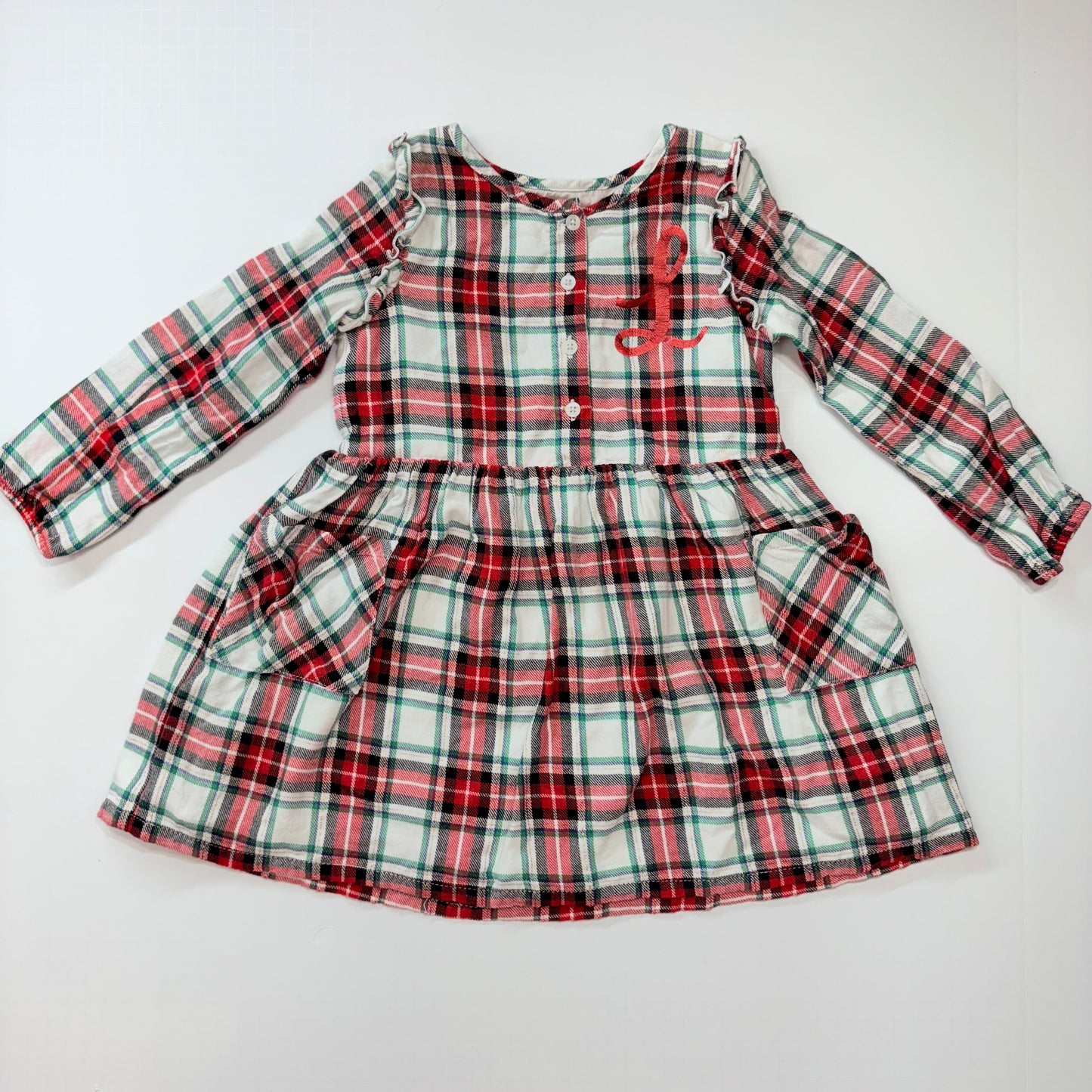 Seller 189 Girls 4T (runs small) Cat & Jack “L” Monogrammed Lined Flannel Dress with Ruffle Sleeves and Pockets NWOT