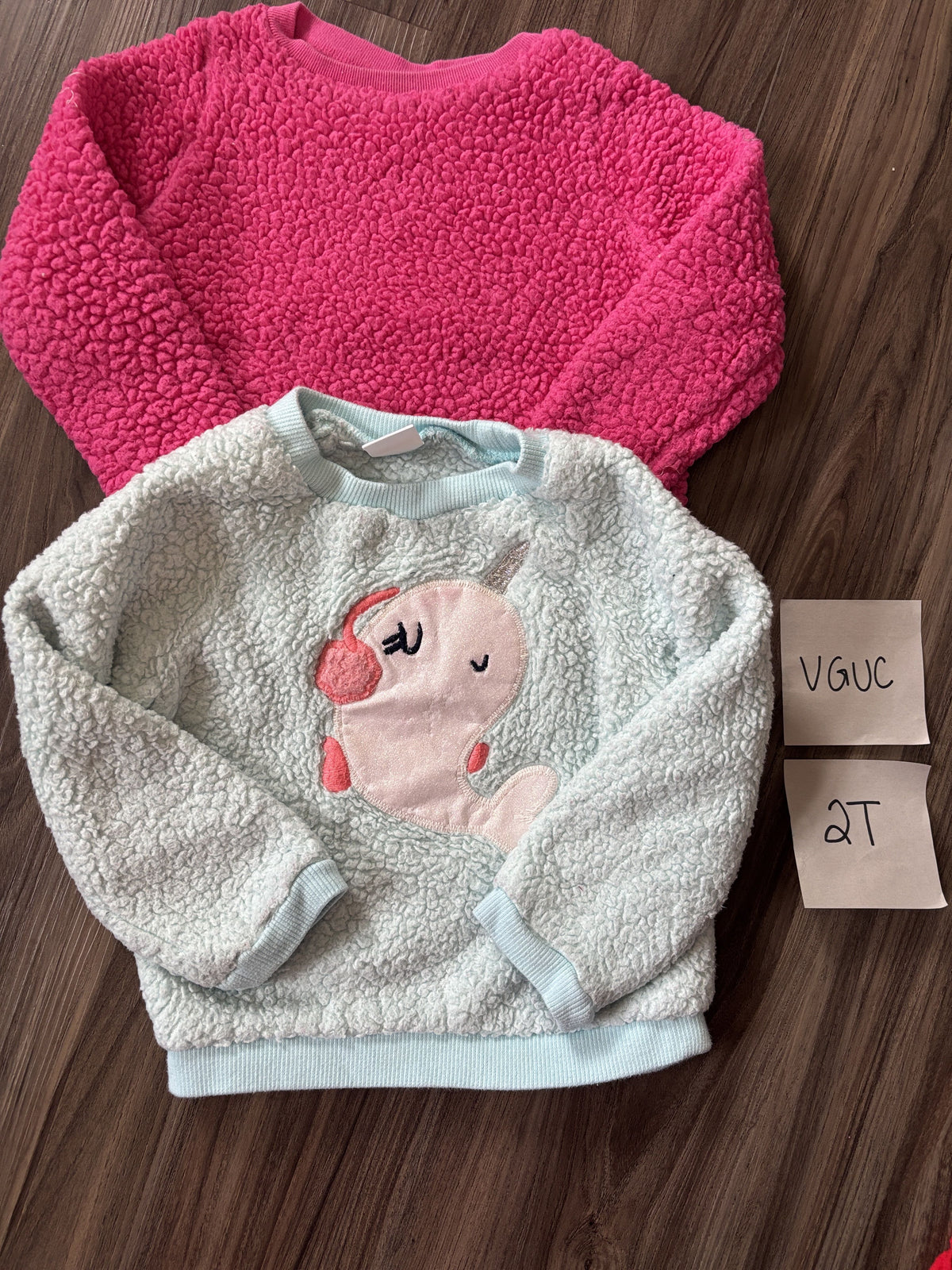 #138 - 2T VGUC (2) fuzzy sweatshirts (pink, Narwhal)
