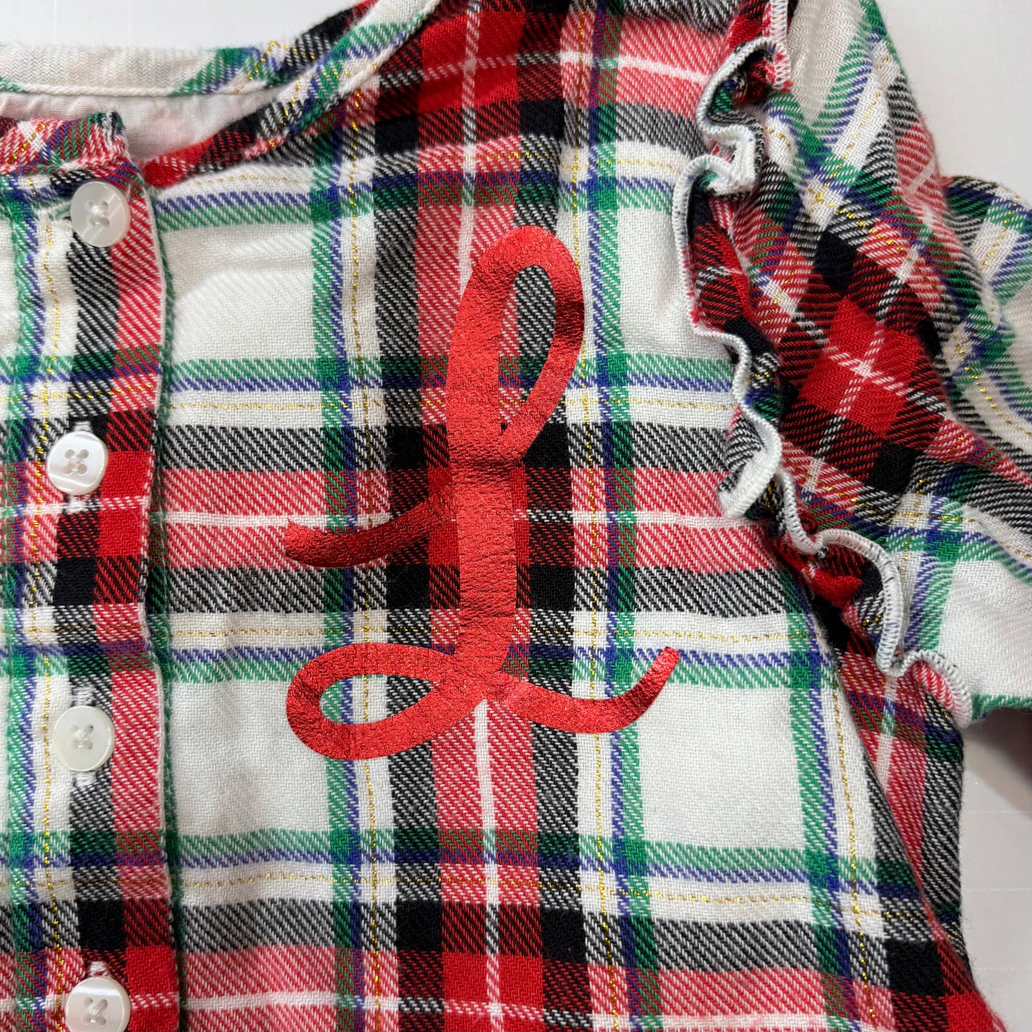 Seller 189 Girls 4T (runs small) Cat & Jack “L” Monogrammed Lined Flannel Dress with Ruffle Sleeves and Pockets NWOT