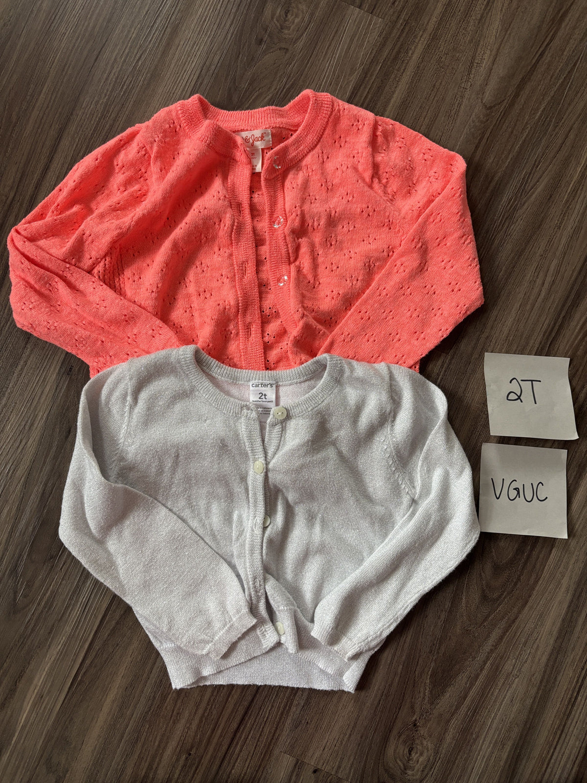 #138 - 2T VGUC (2) Cardigans (Coral + silver)