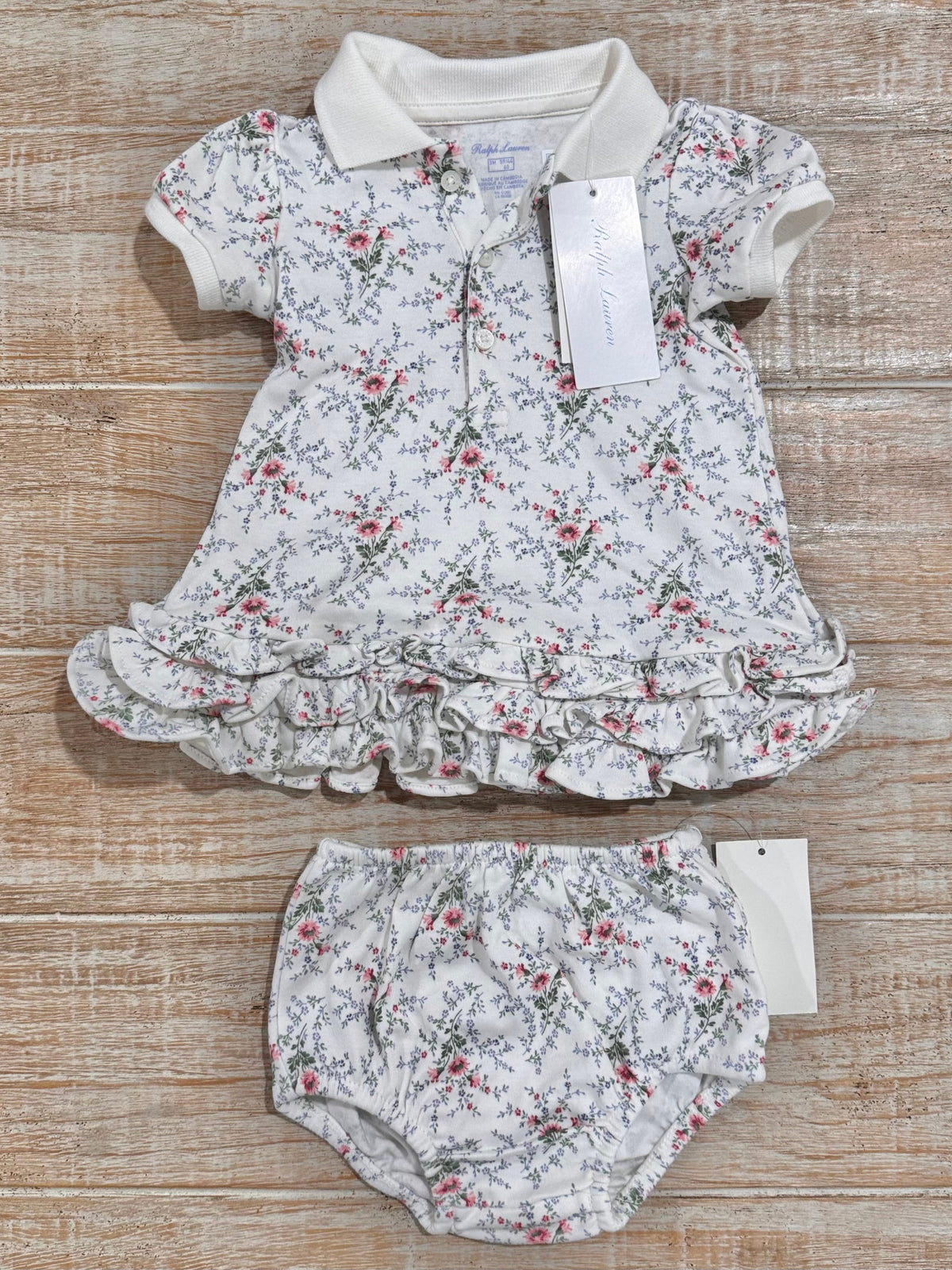 #108 Ralph Lauren Infant Girls Floral Ruffle Polo Dress & Bloomers Size 3M NWT