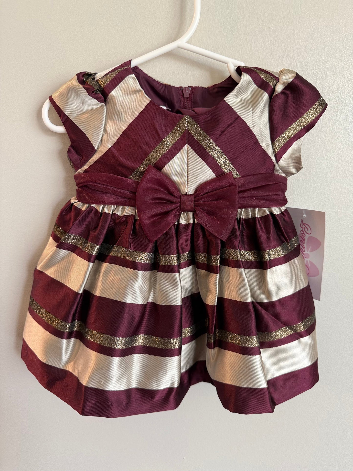 #173-*reduced*NWT maroon and gold striped dress size 3-6m