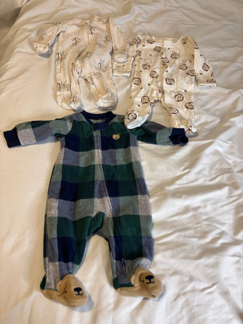 #210 Carter's Baby Boys Sleepers, 3 included, size 3 months, "bear fleece & animals"