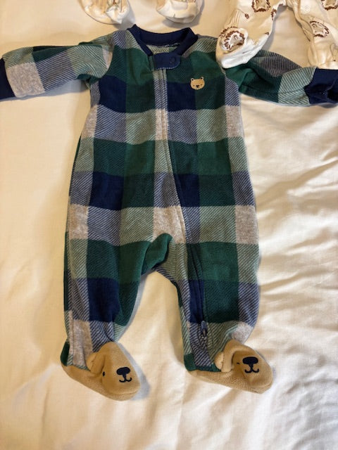 #210 Carter's Baby Boys Sleepers, 3 included, size 3 months, "bear fleece & animals"