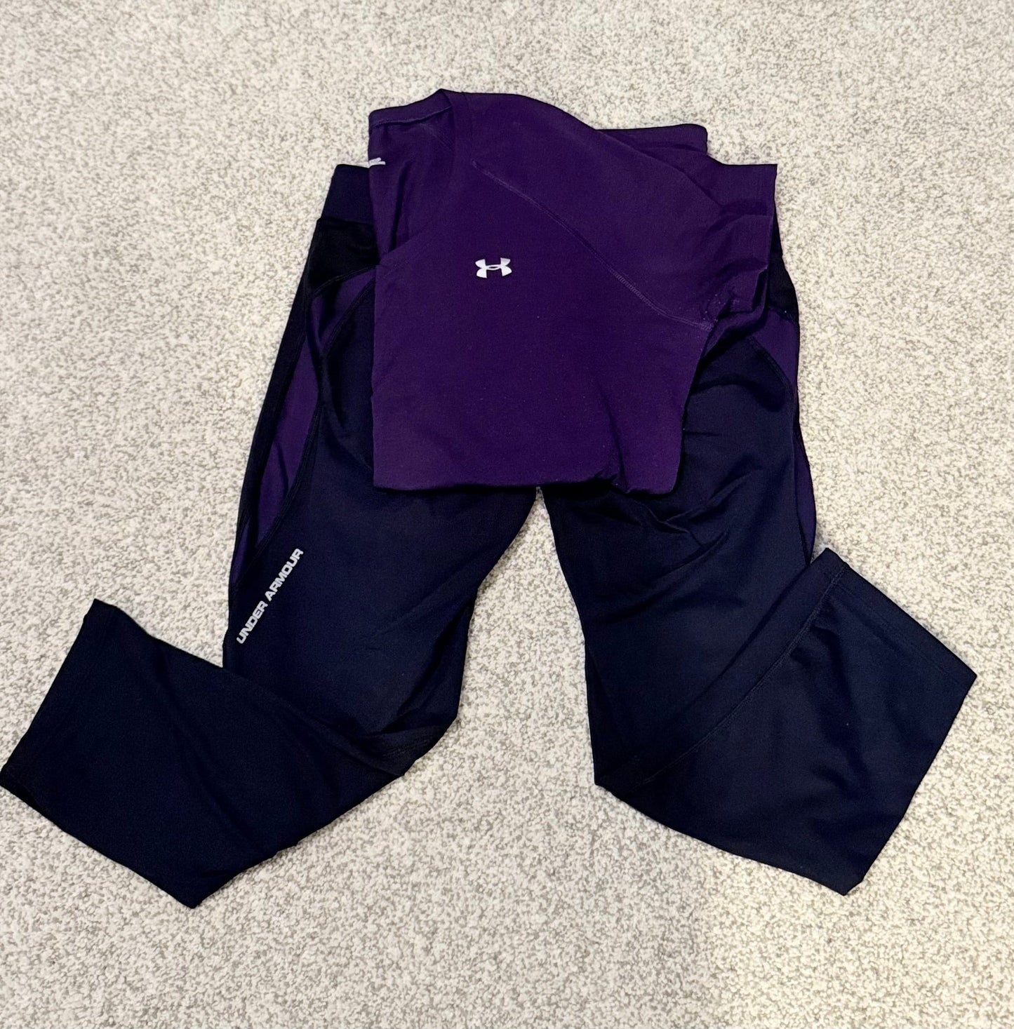 Seller #216, Women’s Under Armour crop tights and matching purple tshirt, sz medium