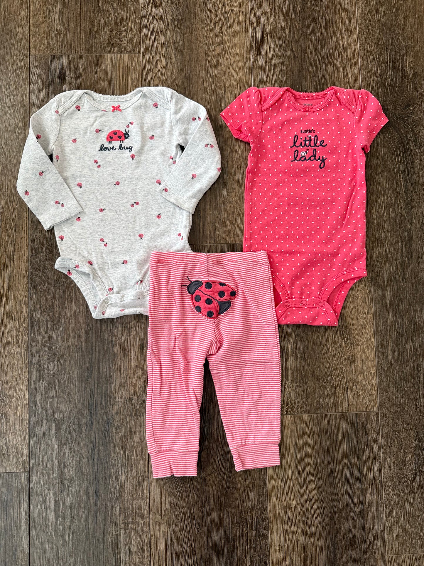 #173 Carter's girl 12m pink ladybug 3-piece outfit