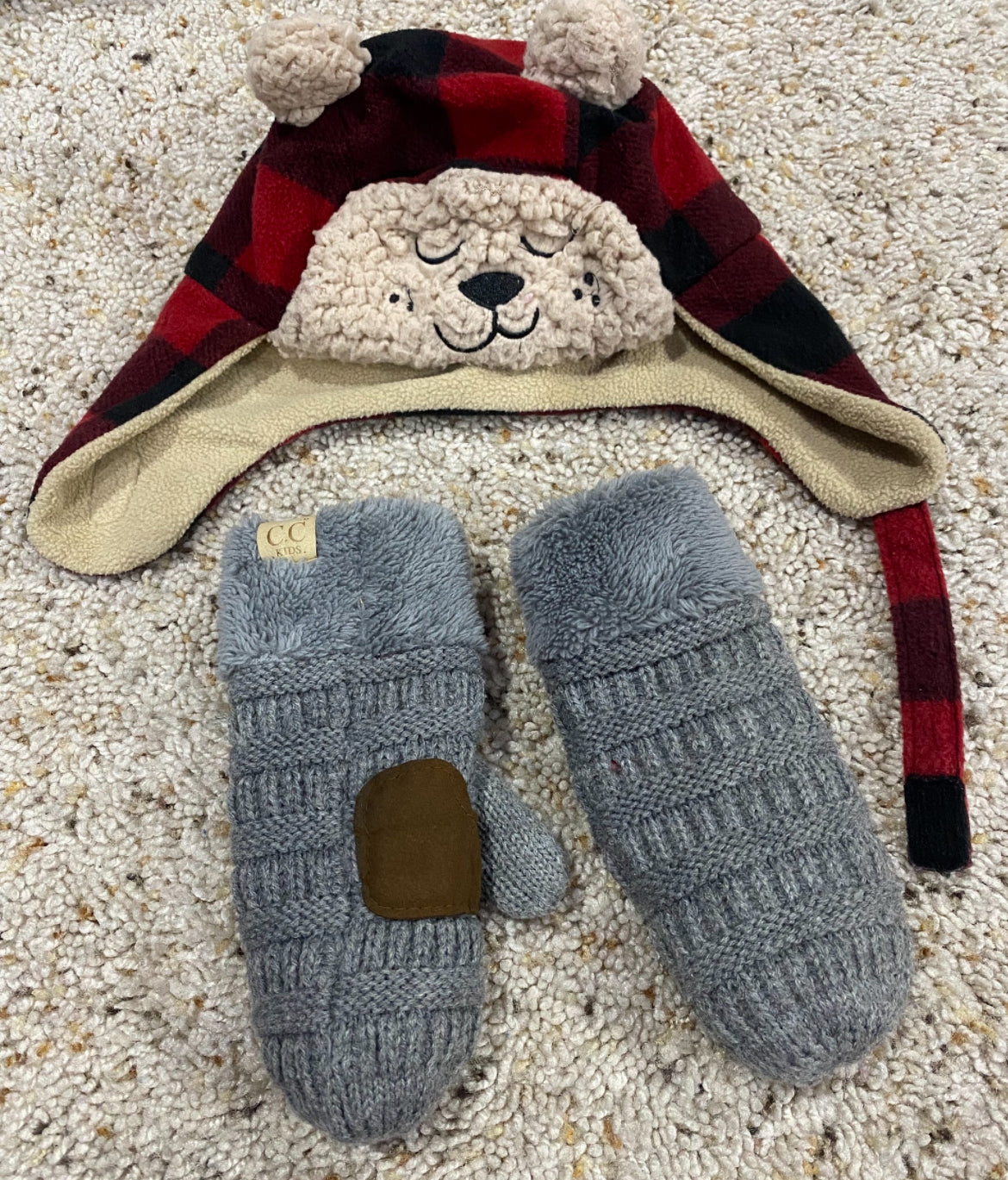 Seller #121 Toddler hat with Velcro strap and CC mittens