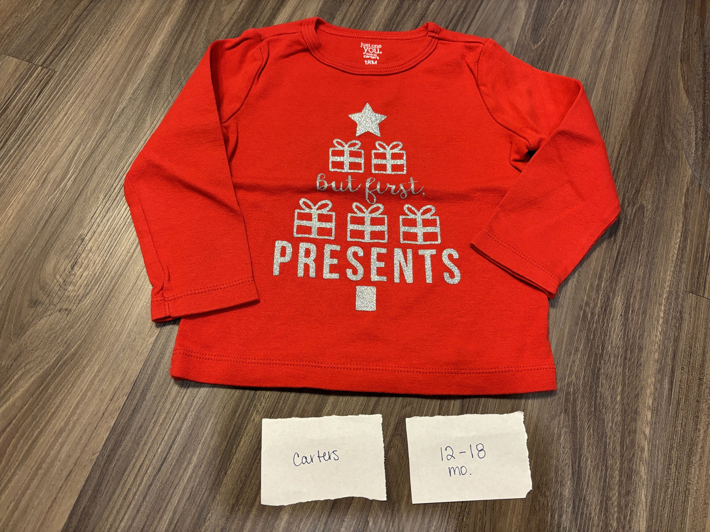 #138 - 12-18 Mo Carters But First Presents LS Shirt EUC