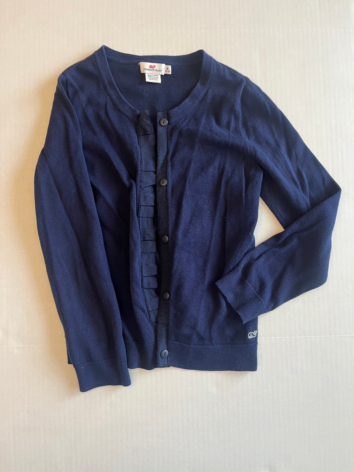 Seller 118 EUC Vineyard Vines navy cardigan with ruffle at buttons. Size 10/12