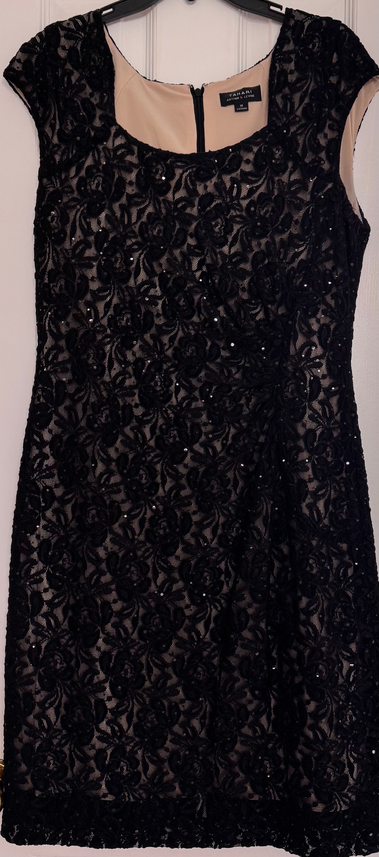 #133 Tahari Black Lace Beaded Dress Sz 12