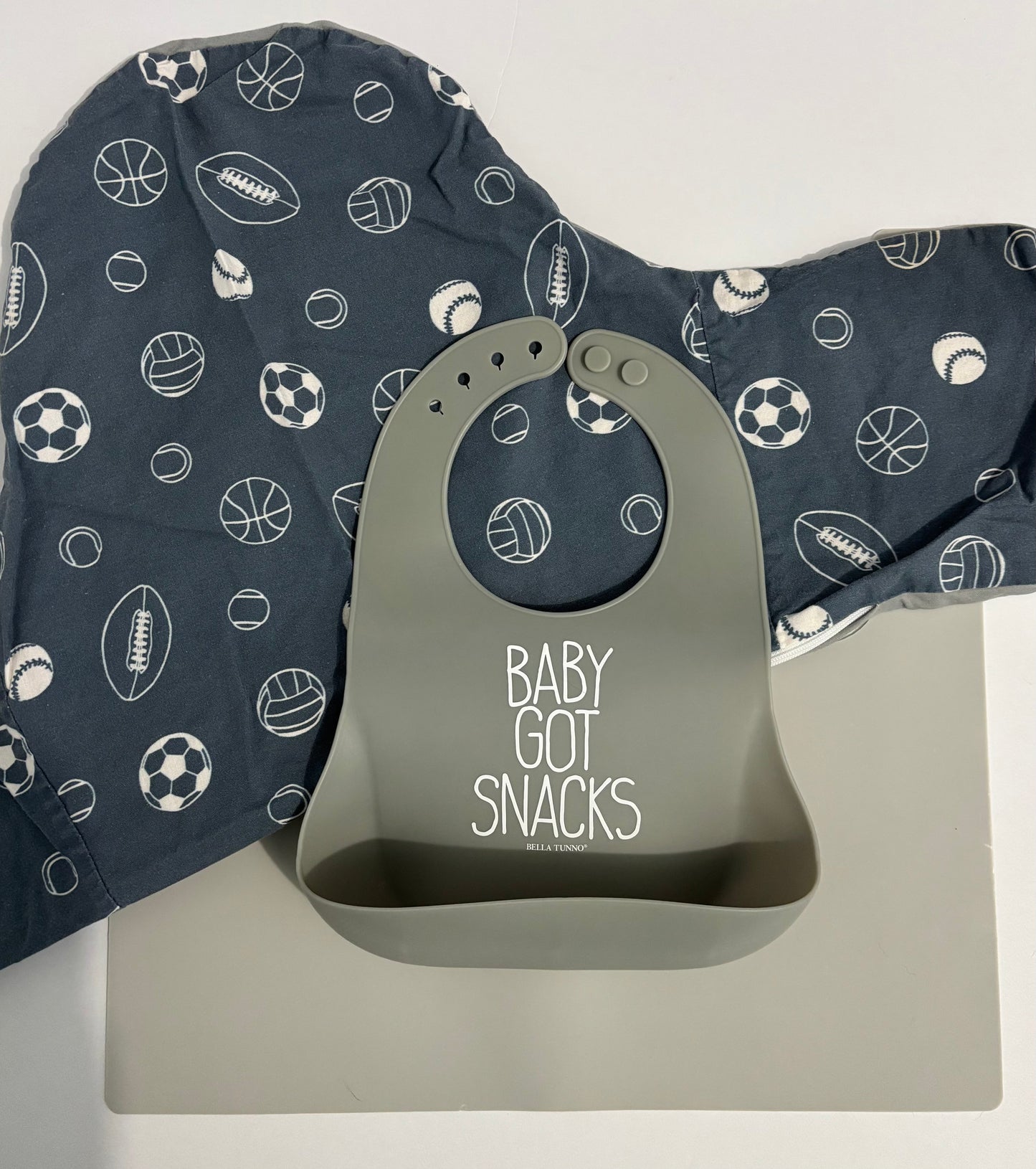 #132 - REDUCED- Bundle of YeahBabyGoods: Sports-Themed Cushion Cover, Silicone Placemat for IKEA Antilop in Stone Grey, + Bella Tunno SIlicone Bib
