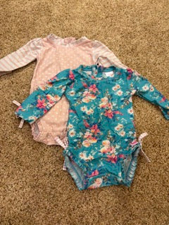 #73 girls swim suits, rufflebutts, size 6-12 months