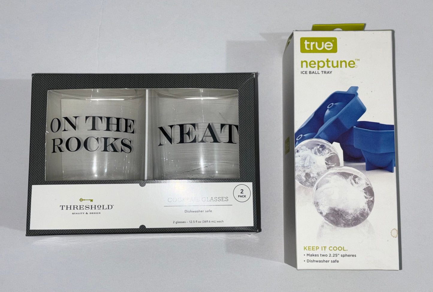 #132 - REDUCED- Bundle of Threshold: "On the Rocks" & "Neat" Cocktail Glasses & True Neptune: Ice Ball Tray - NEW