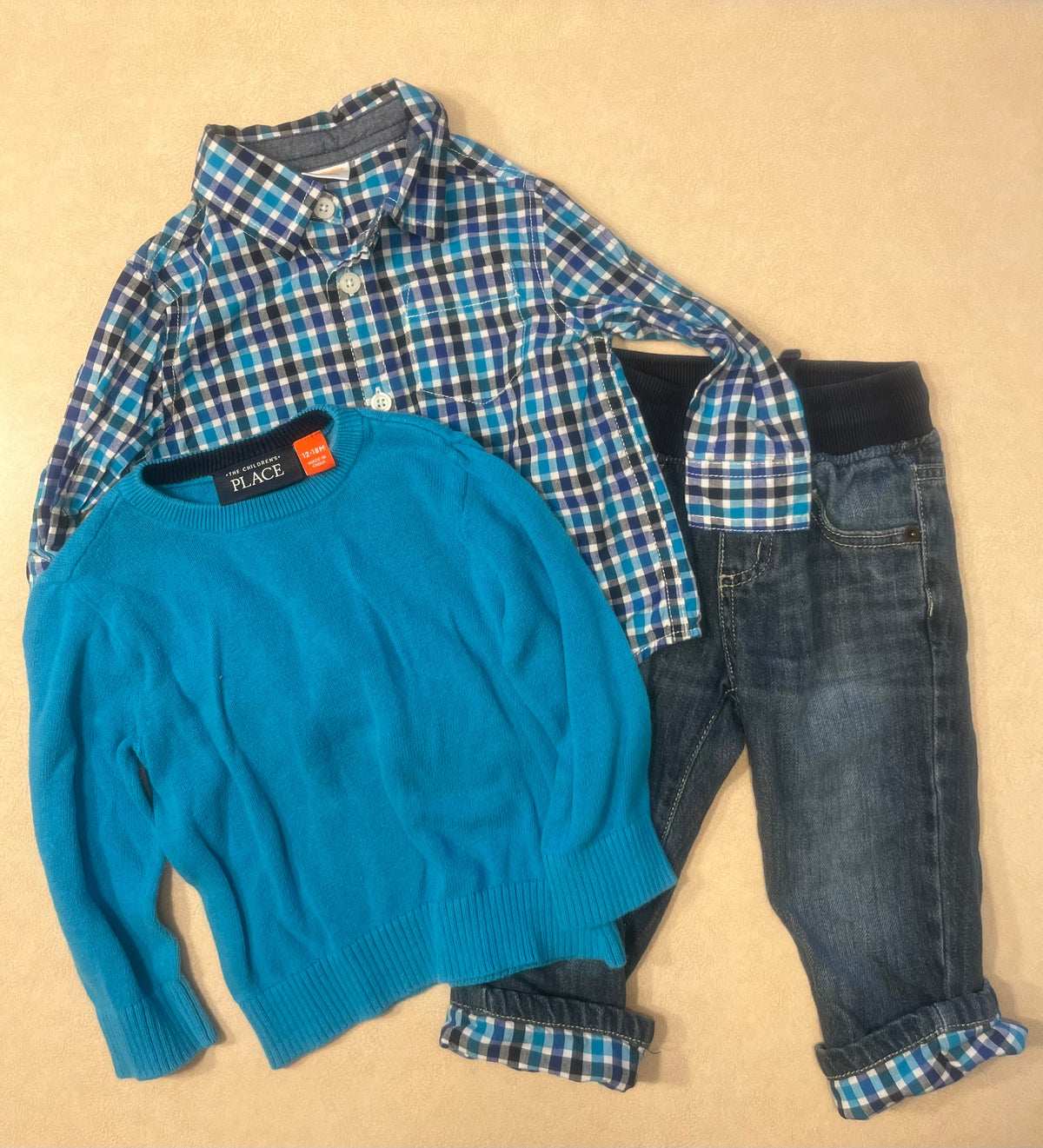 #200 Children's Place Blue Plaid/Sweat Set Boys 12-18m
