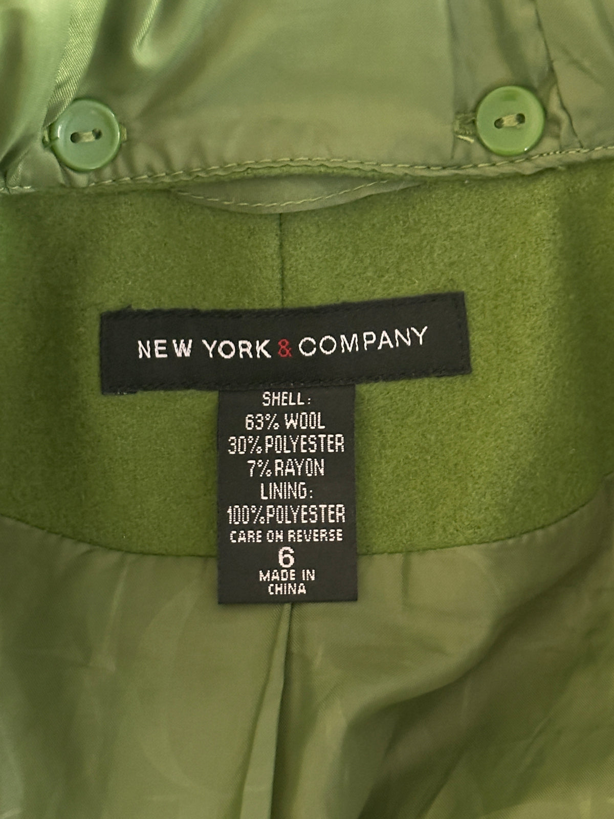 #163 New York & Company Green Wool Coat with Removable Hood - Women's 6 - EUC