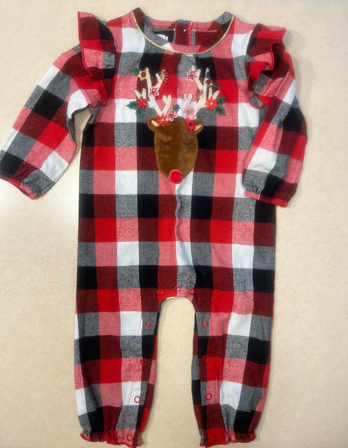 #200 Mud Pie Plaid Reindeer Romper Girls 9-12m
