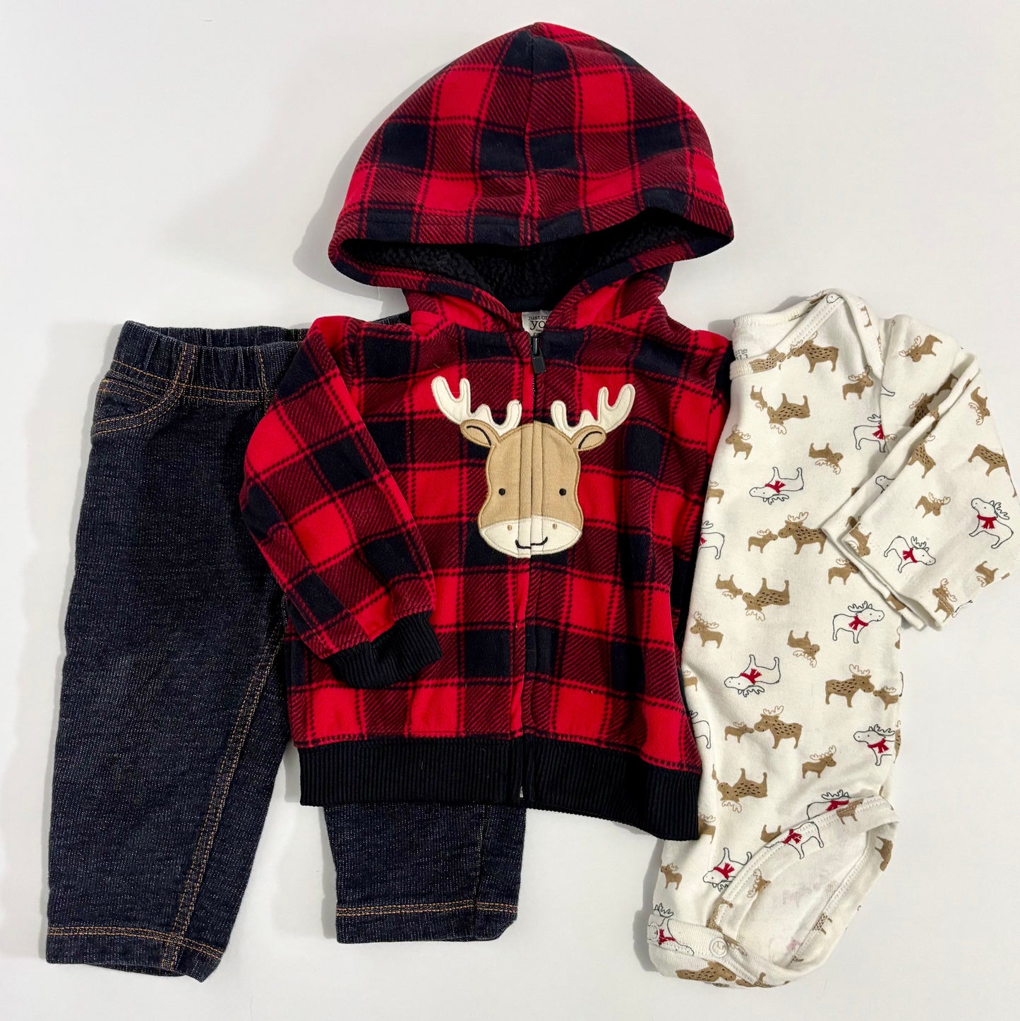 #132 - REDUCED- Bundle of Carter's: Reindeer Full-Zip Hoodie, Long-Sleeved Bodysuit/Onesie & Pull-On Jeans, 9M