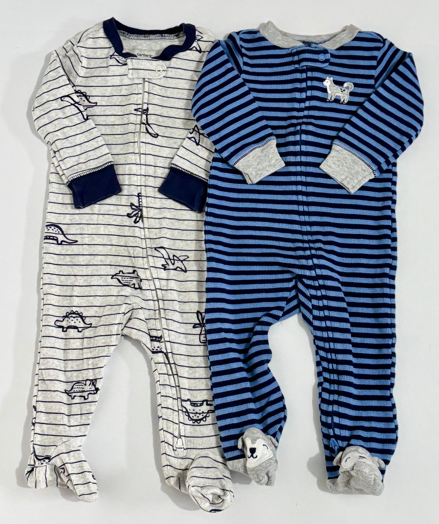 #132 - REDUCED- Bundle of 2 Carter's: Striped Dinosaur and Husky Dog Sleeper Pajamas, 9M