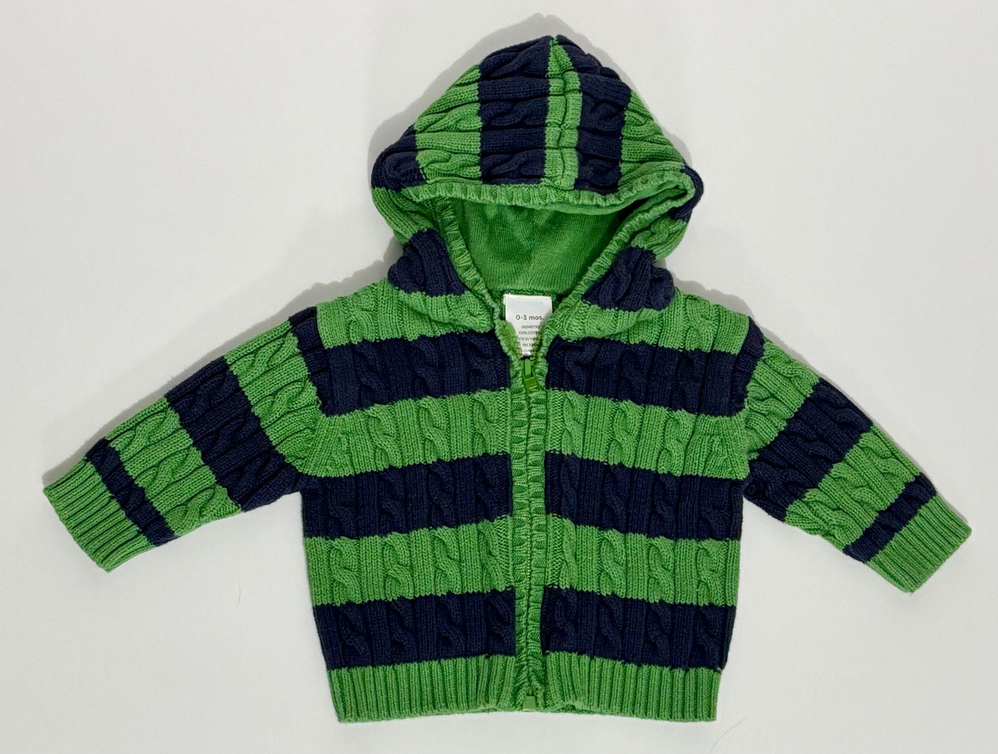 #132 - REDUCED - Gymboree: Green/Navy Striped Full-Zip Hooded Cardigan Sweater, 0-3M