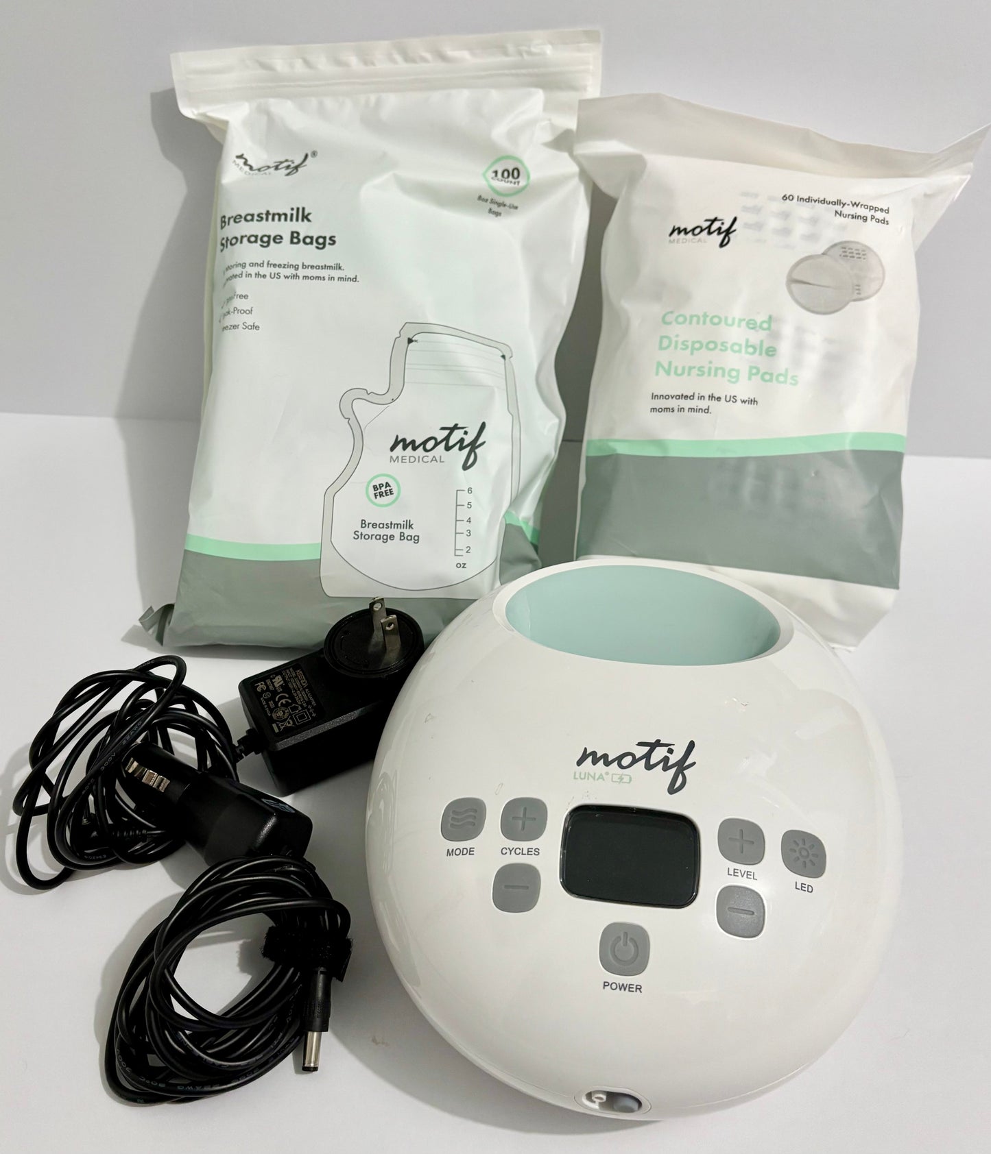 #132 - REDUCED - Bundle of Motif: Luna Double Electric Breast Pump w/Battery, Breastmilk Storage Bags & Contoured Disposable Nursing Pads