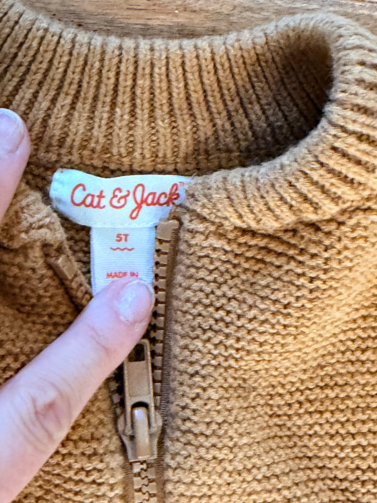 #99 boys cat and Jack tan zipper sweater size 5