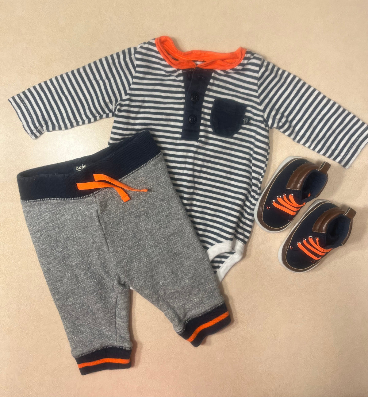 #200 OshKosh Orange/Navy Set with Shoes Boys Size 0-3m