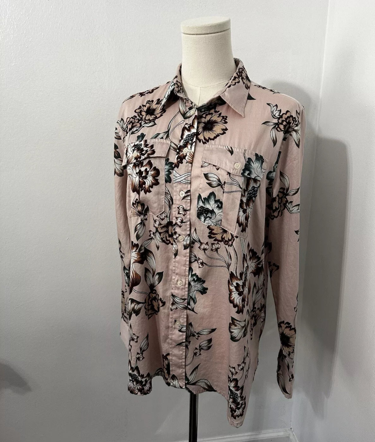 #111 Lauren Ralph Lauren Pink Mauve Floral Silky 100% Cotton Blouse Button Down Large Petite