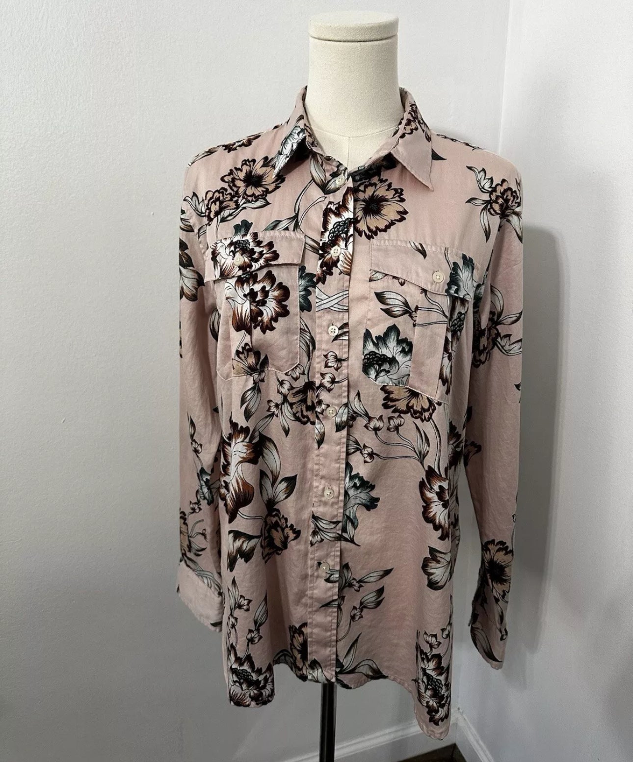 #111 Lauren Ralph Lauren Pink Mauve Floral Silky 100% Cotton Blouse Button Down Large Petite