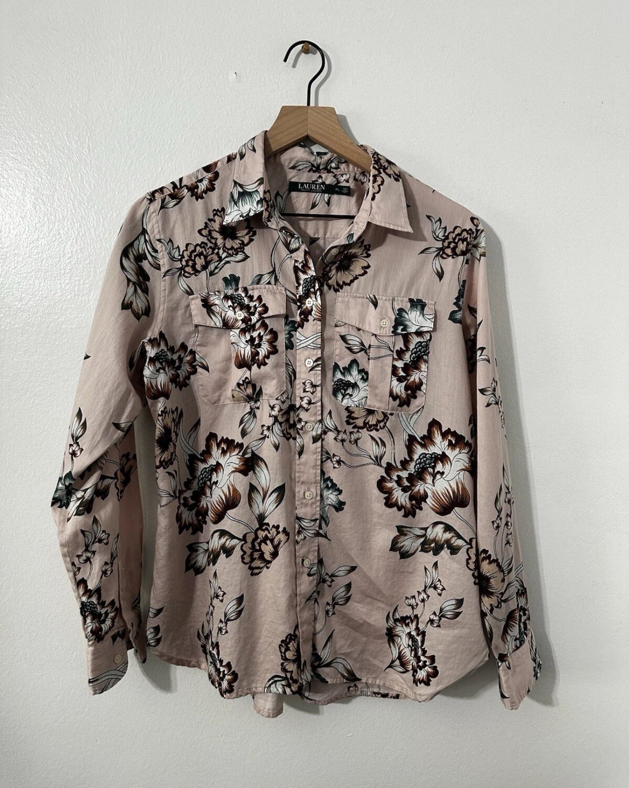 #111 Lauren Ralph Lauren Pink Mauve Floral Silky 100% Cotton Blouse Button Down Large Petite