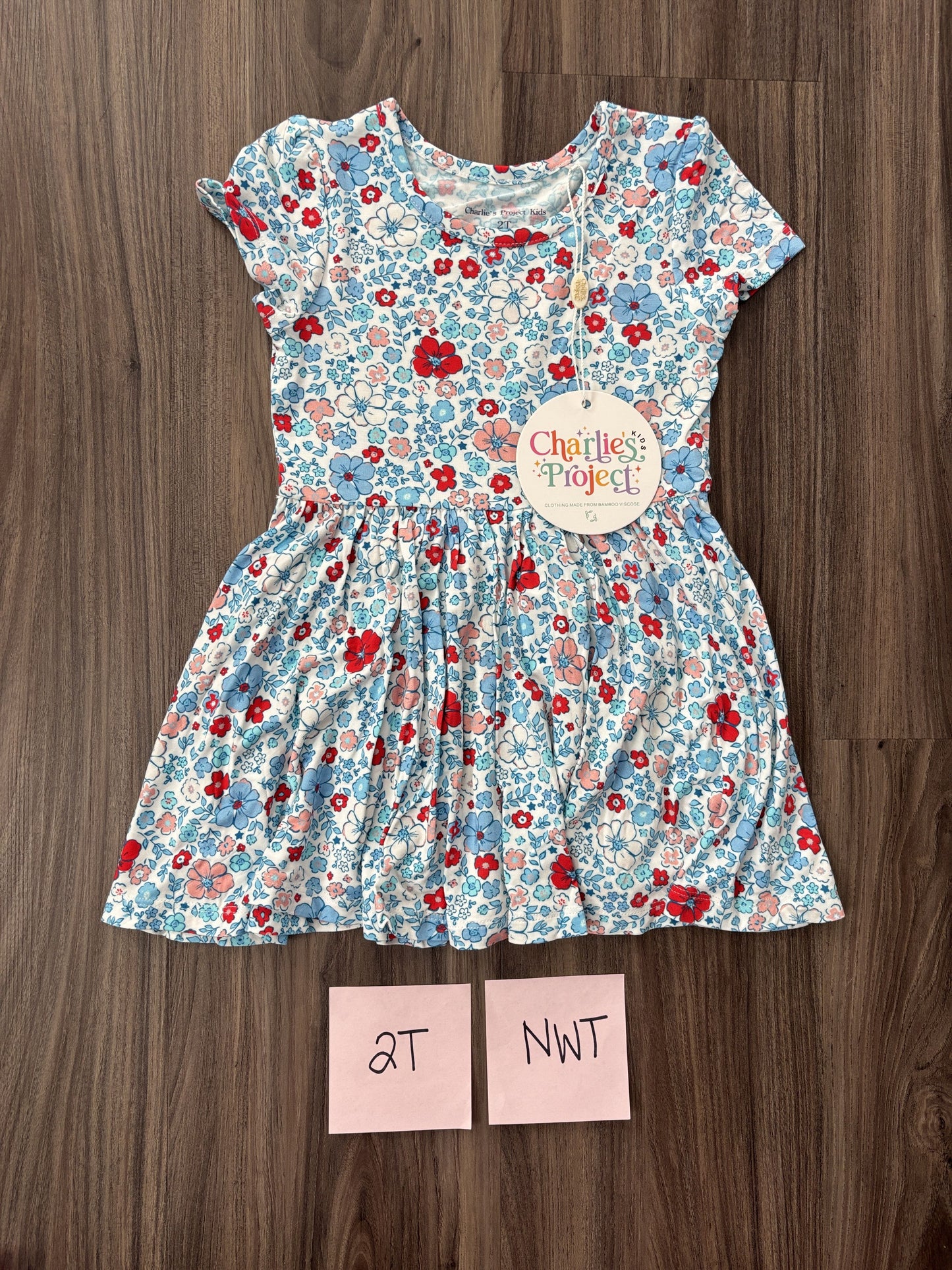 #77 - 2T - NWT Charlie's Project - Independence Floral (4th of July) SS Twirl Dress - Bamboo
