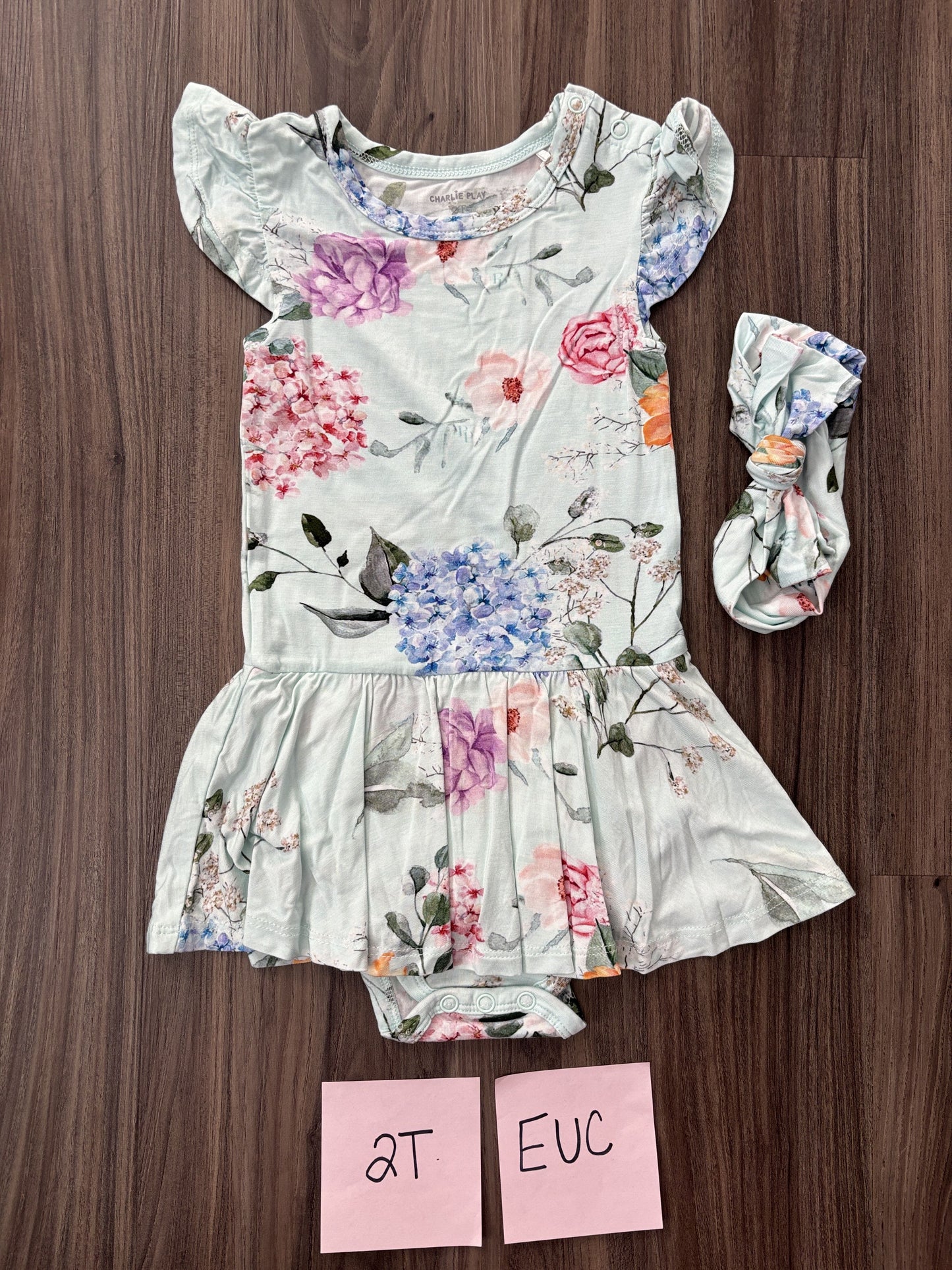 #77 - 2T - EUC Charlie's Project - Hello Hydrangea SS Bodysuit Twirl + Headband - Bamboo