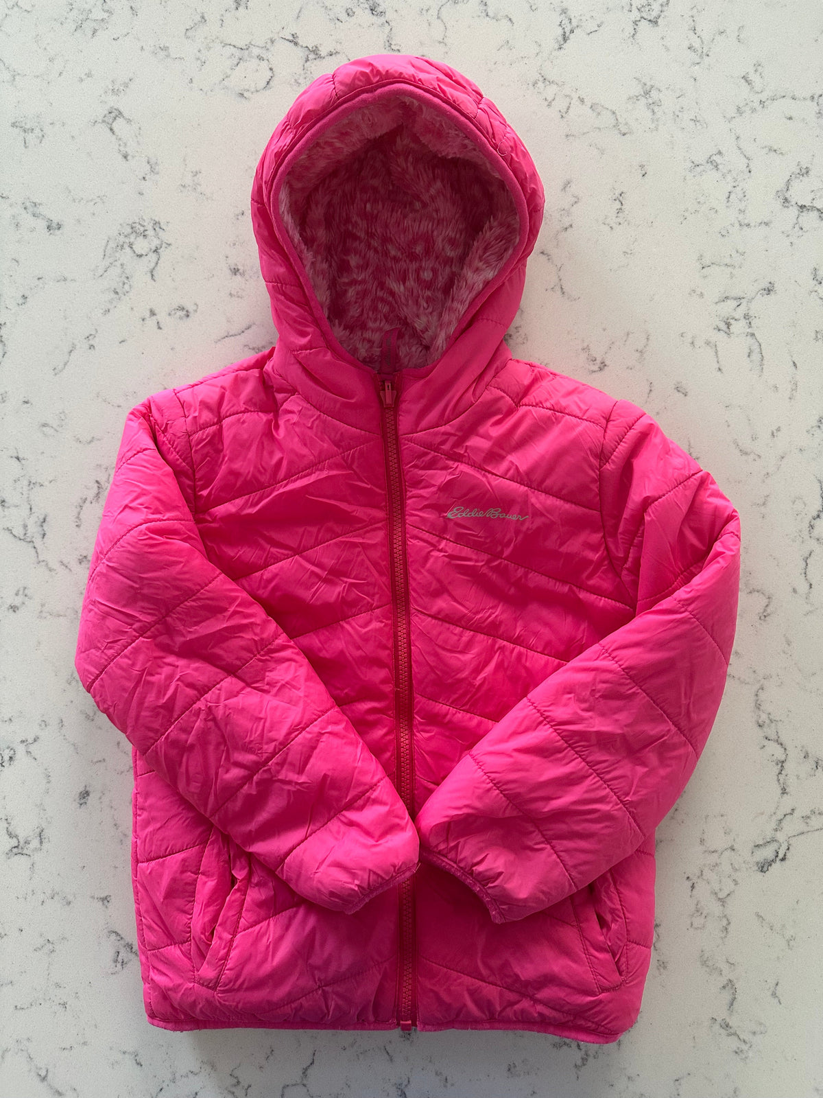 Seller 42, Eddie Bauer Reversible Plush/Down Jacket, Pink, Girls Size 5/6