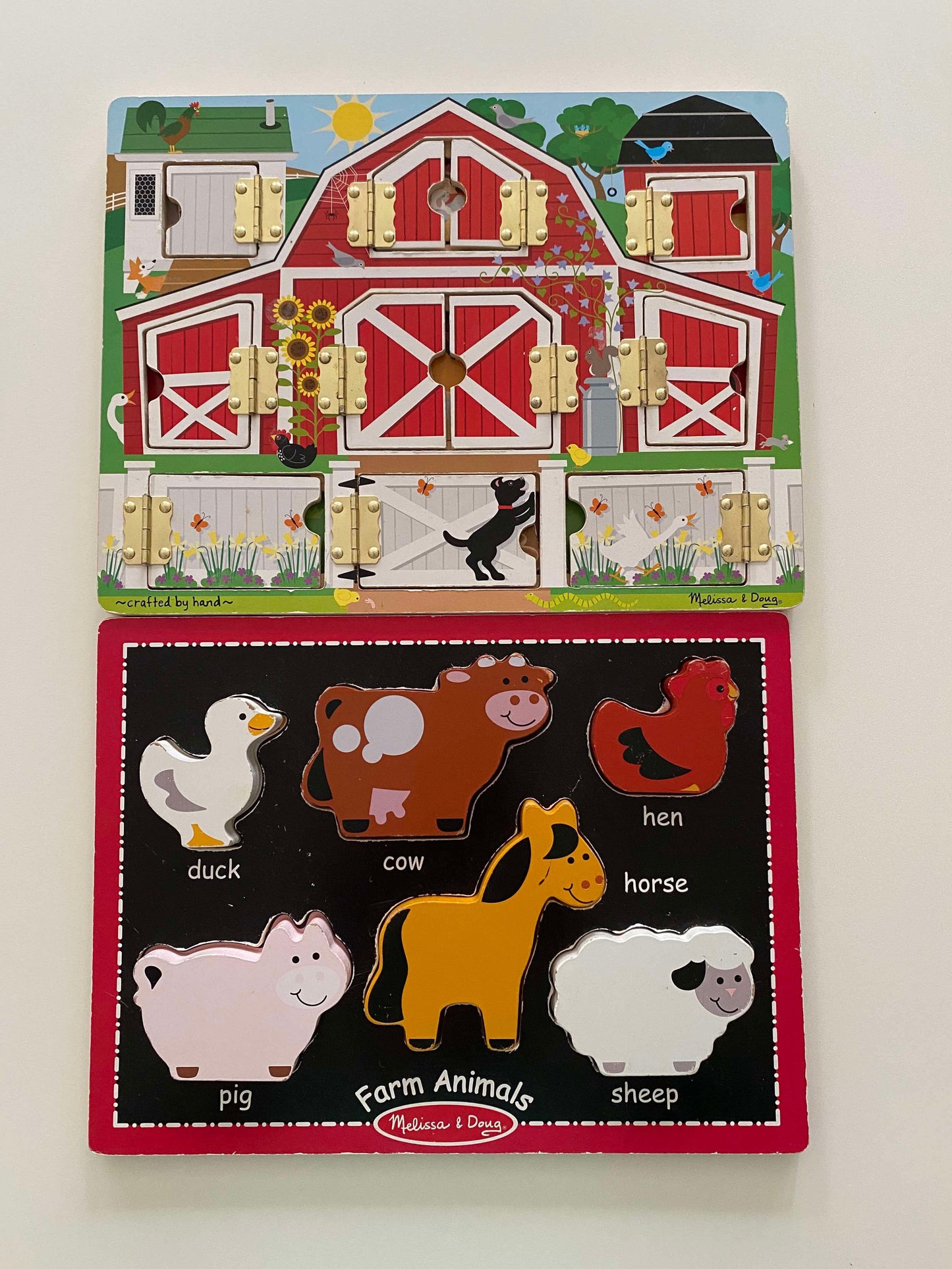 #117, Melissa & Doug farm animal and hide and seek farm wooden puzzles, GUC