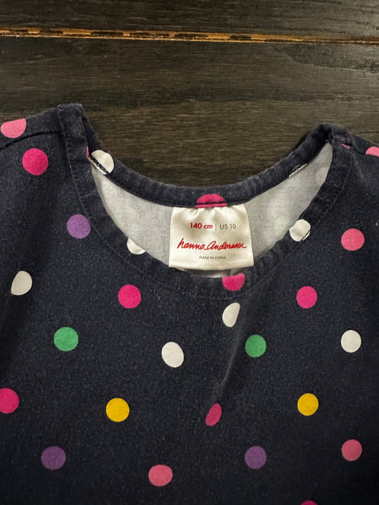 #111 Hannah Anderson Navy Blue Polka Dot Dress 140 cm | 10