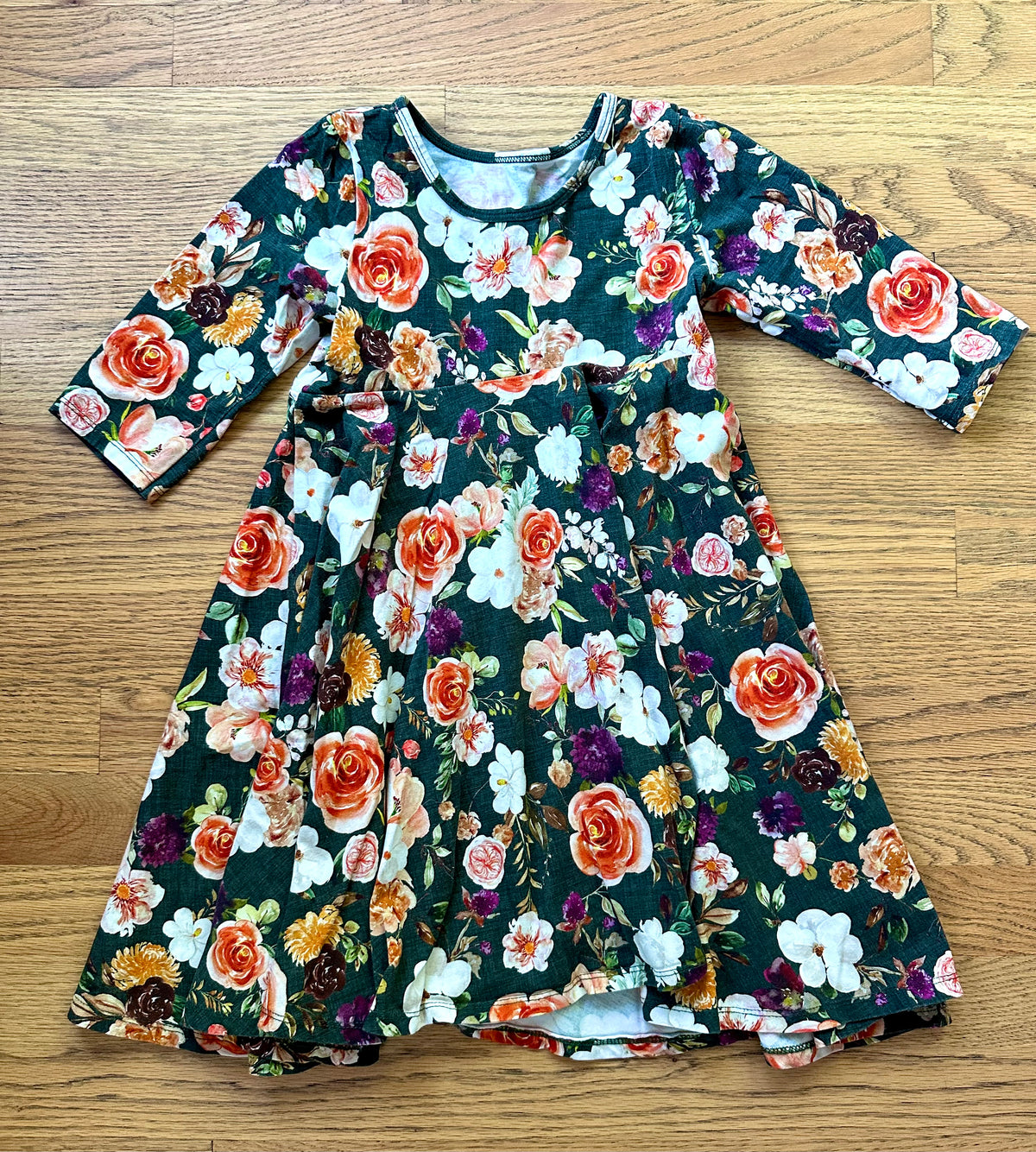 #98- Girls, Boutique, Green Floral Fall Dress- Size 6