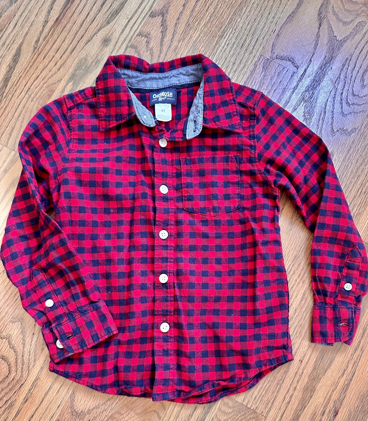 #98- Boys, OshKosh, Red & Navy Plaid Shirt- Size 5