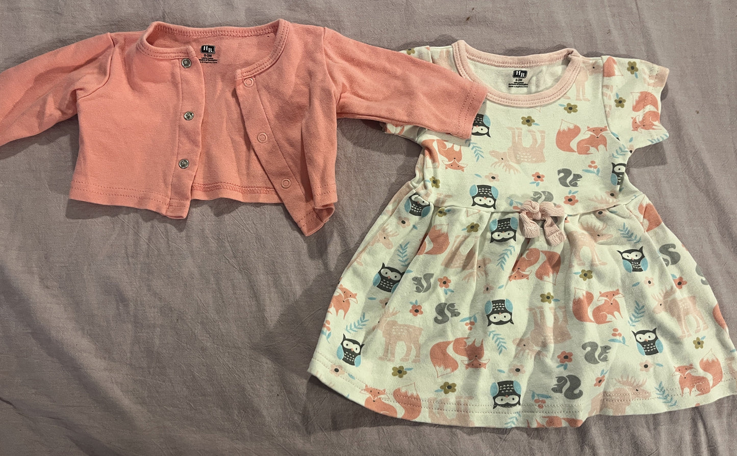 #211 REDUCED 0-3m Forest Animals Cardigan and Dress Set