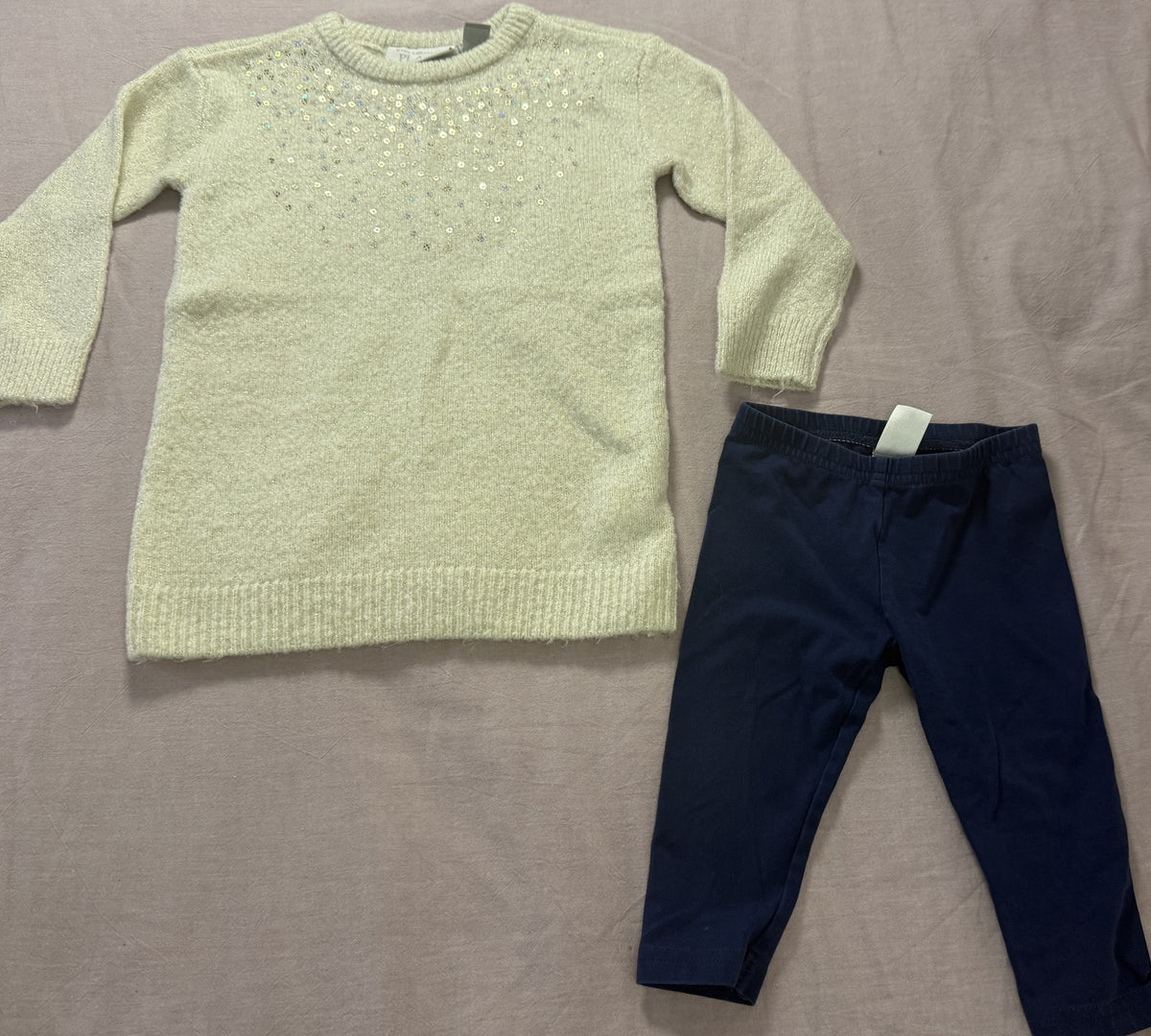 #103 12-18m Cream Sweater Dress and Navy Leggings