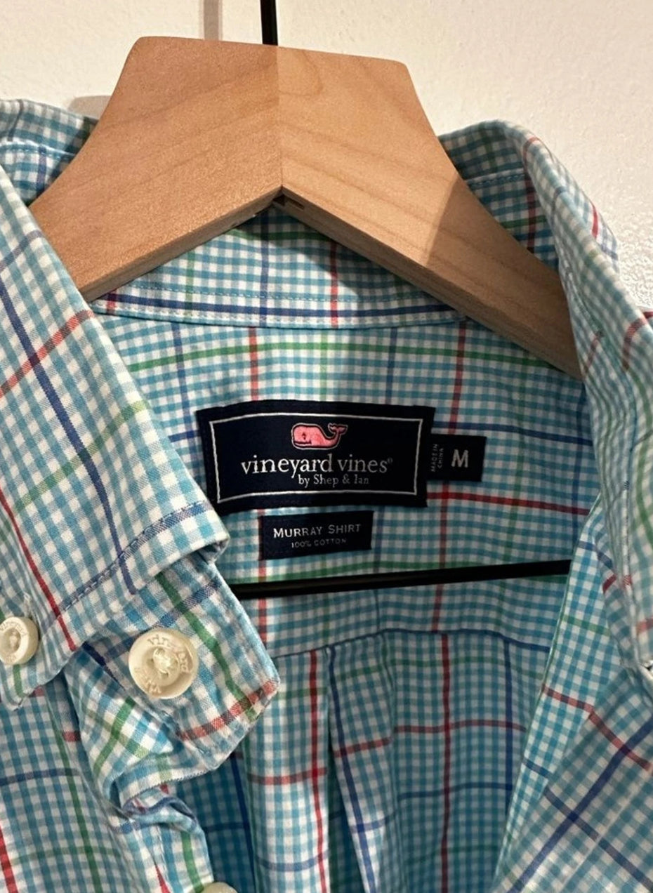 #111 Men’s Vineyard Vines Blue Plaid Murray Shirt Medium 100% Cotton