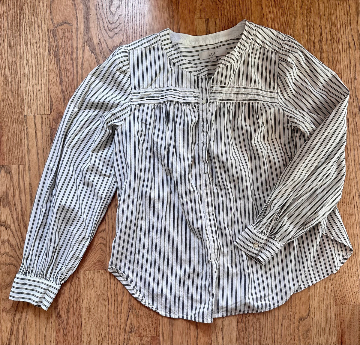 #98- Women’s, Loft, White and Gold Striped Blouse- Medium